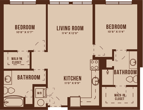 Floor plan for 2 beds, 2 baths, 940 sqft